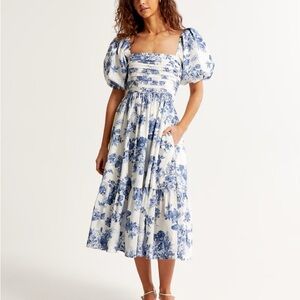 Abercrombie Emerson Poplin Puff Sleeve Midi Dress, Blue Floral - Size M